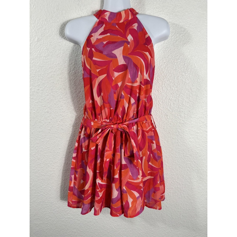 She + Sky Romper Womens Medium Pink Orange Red Abstract Sleeveless Belted Shorts